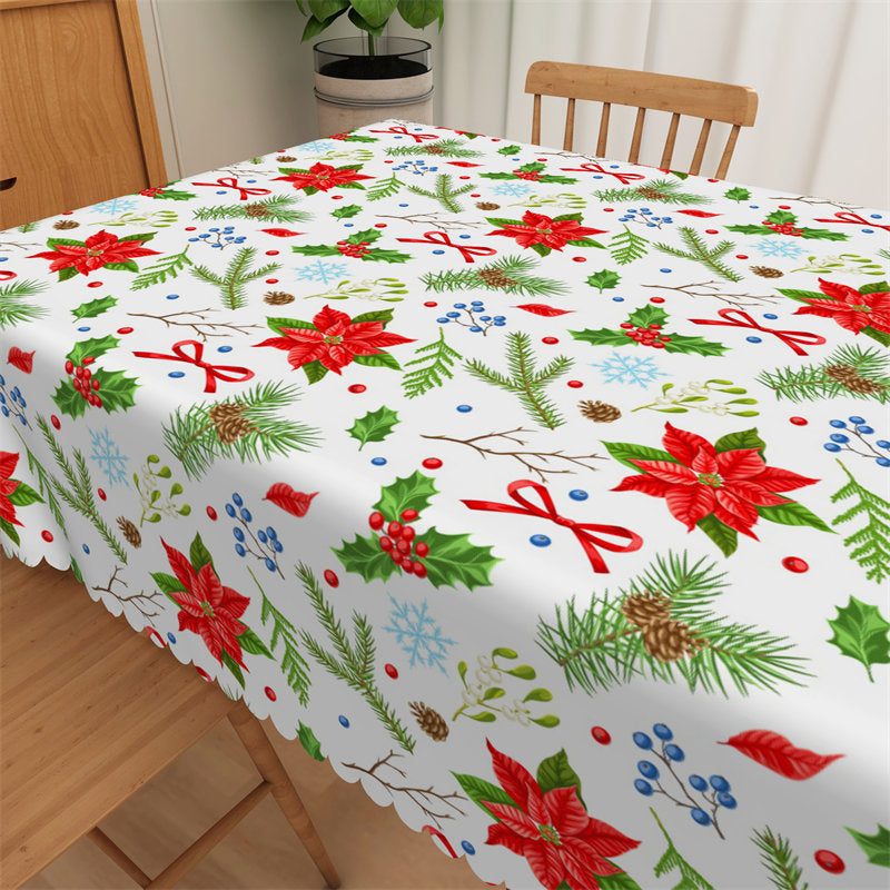 Aperturee - Green Pine Needles Red Floral Christmas Tablecloth