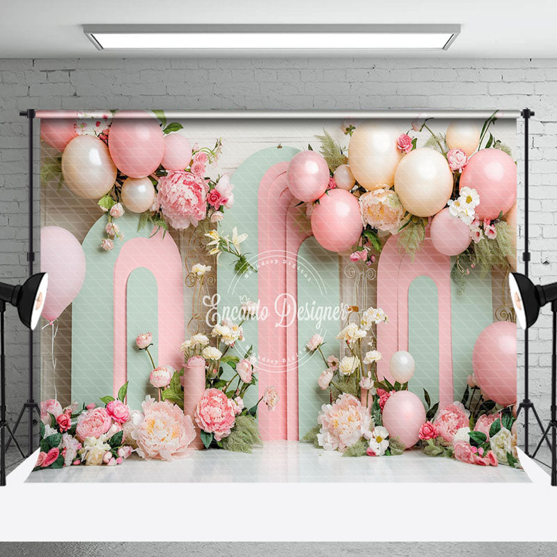 Aperturee - Green Pink Arch Balloon Floral Cake Smash Backdrop