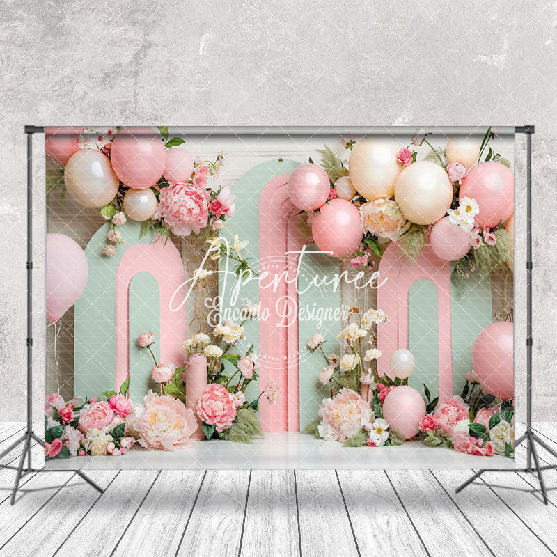 Aperturee - Green Pink Arch Balloon Floral Cake Smash Backdrop