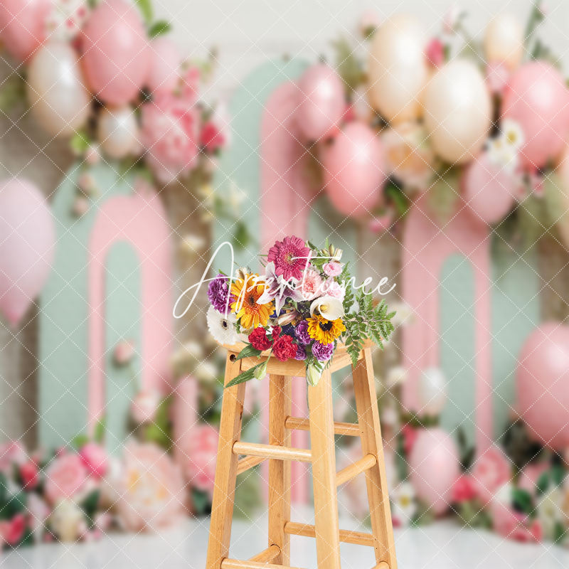 Aperturee - Green Pink Arch Balloon Floral Cake Smash Backdrop