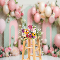 Aperturee - Green Pink Arch Balloon Floral Cake Smash Backdrop