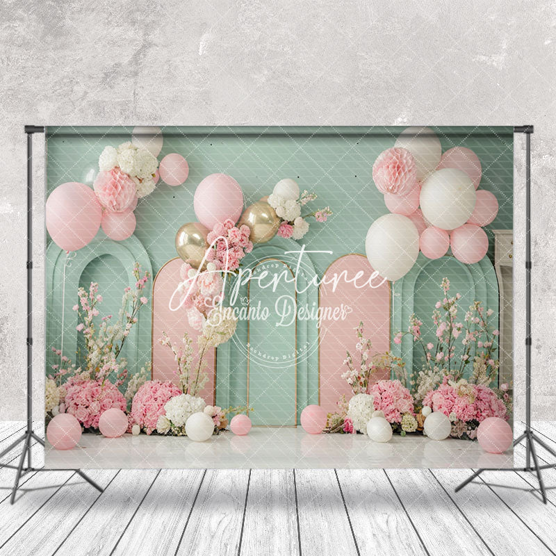 Aperturee - Green Pink Arch Balloons Floral Cake Smash Backdrop