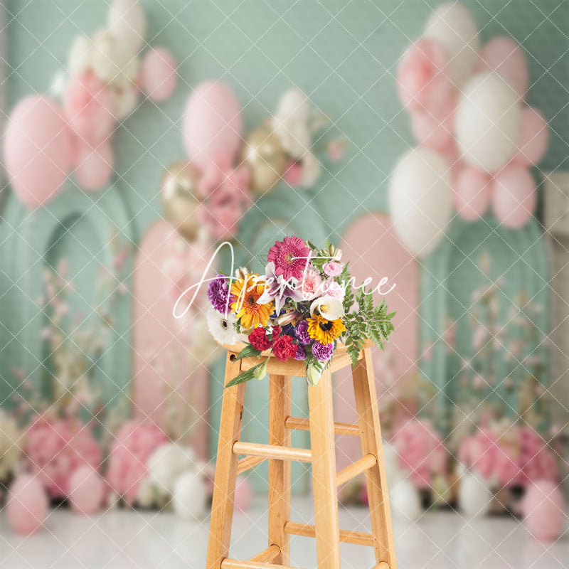 Aperturee - Green Pink Arch Balloons Floral Cake Smash Backdrop