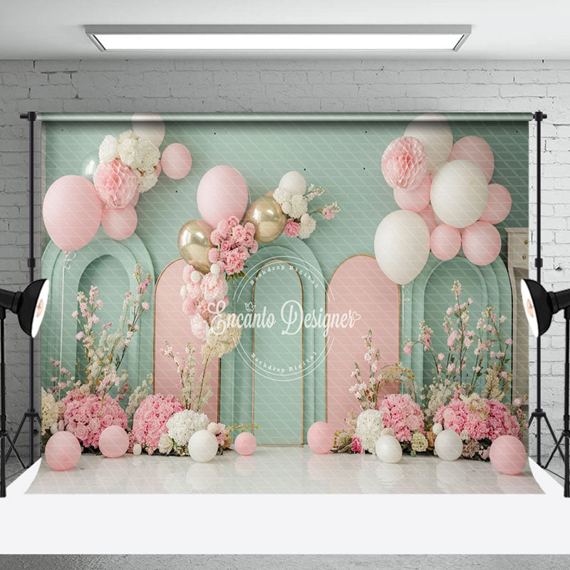 Aperturee - Green Pink Arch Balloons Floral Cake Smash Backdrop