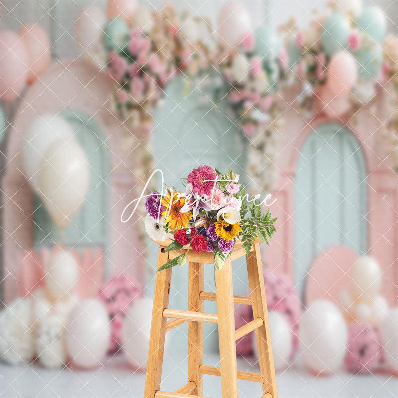 Aperturee - Green Pink Balloons Floral Cake Smash Photo Backdrop