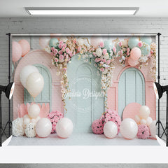 Aperturee - Green Pink Balloons Floral Cake Smash Photo Backdrop