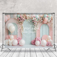 Aperturee - Green Pink Balloons Floral Cake Smash Photo Backdrop