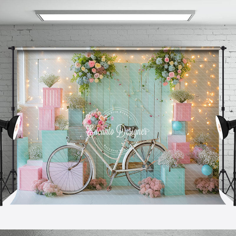 Aperturee - Green Pink Bike Floral Spring Cake Smash Backdrop