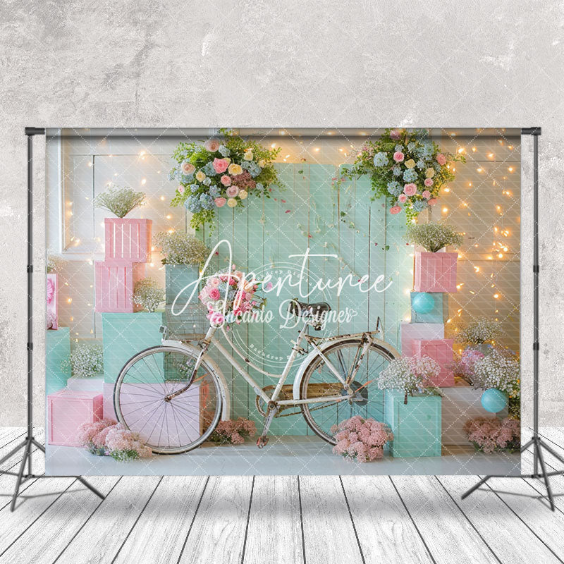 Aperturee - Green Pink Bike Floral Spring Cake Smash Backdrop