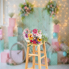 Aperturee - Green Pink Bike Floral Spring Cake Smash Backdrop