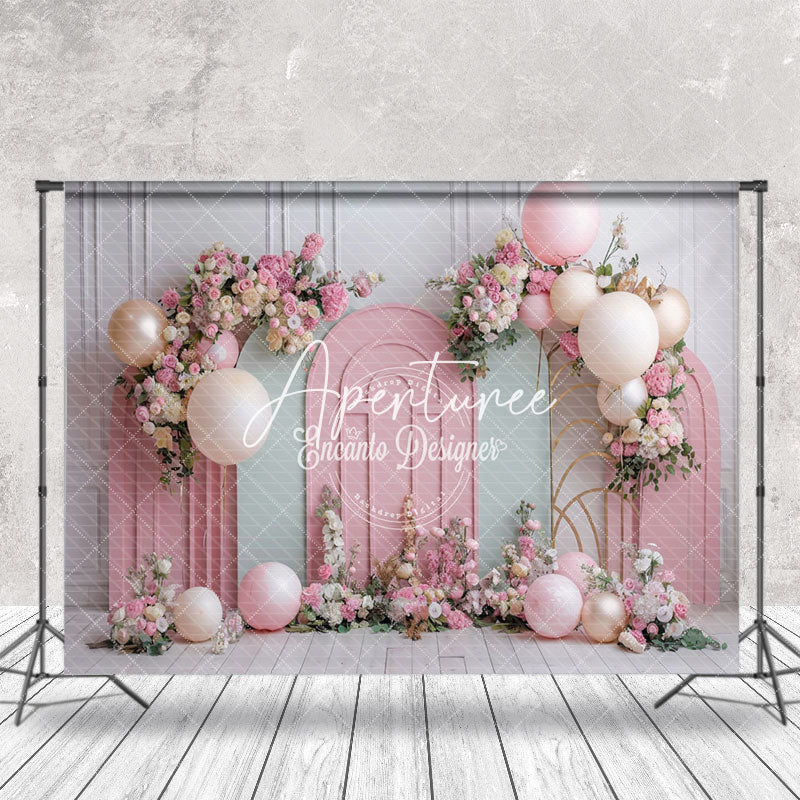 Aperturee - Green Pink Floral Balloons Cake Smash Photo Backdrop