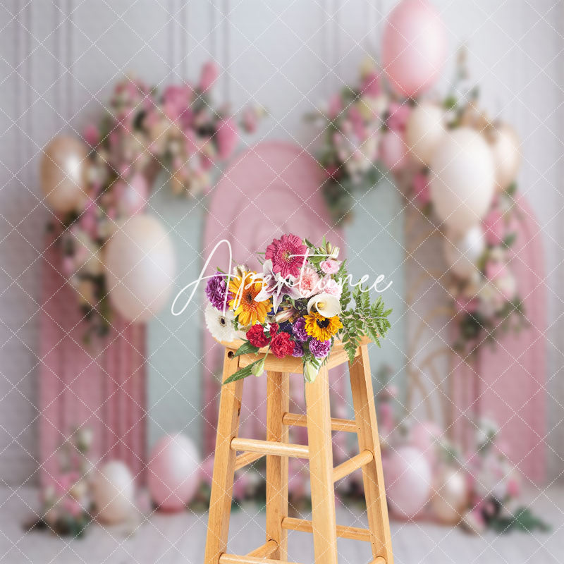 Aperturee - Green Pink Floral Balloons Cake Smash Photo Backdrop