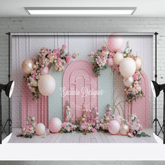 Aperturee - Green Pink Floral Balloons Cake Smash Photo Backdrop