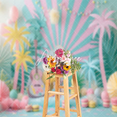 Aperturee - Green Pink Palm Trees Macaron Cake Smash Backdrop