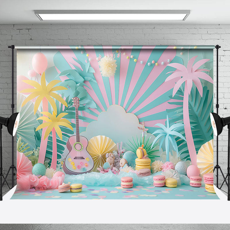 Aperturee - Green Pink Palm Trees Macaron Cake Smash Backdrop