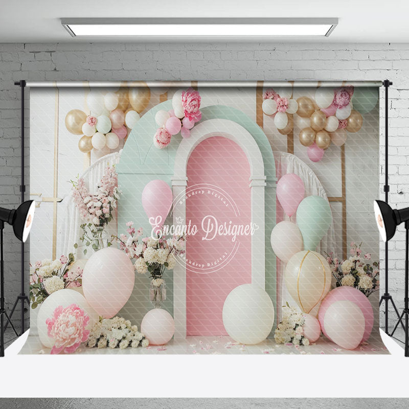 Aperturee - Green Pink White Balloons Floral Cake Smash Backdrop