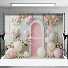 Aperturee - Green Pink White Balloons Floral Cake Smash Backdrop