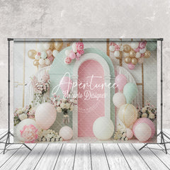 Aperturee - Green Pink White Balloons Floral Cake Smash Backdrop