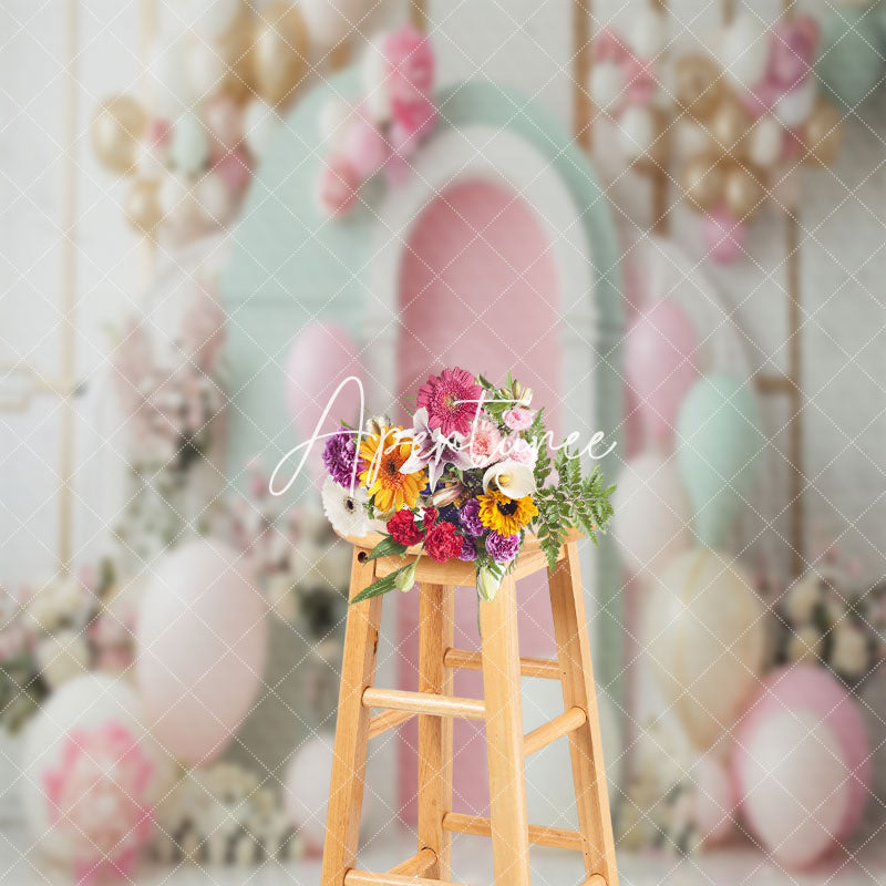 Aperturee - Green Pink White Balloons Floral Cake Smash Backdrop