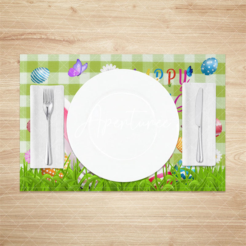 Aperturee - Green Plaid Rabbit Ear Floral Egg Set Of 4 Placemats