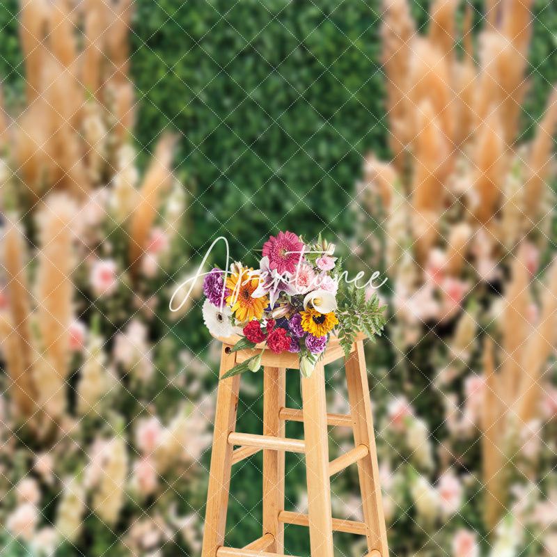 Aperturee - Green Plant Leaves Pink Floral Spring Photo Backdrop