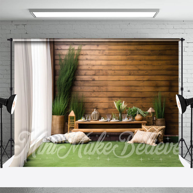 Aperturee - Green Plant Vase Window Wooden Wall Spring Backdrop