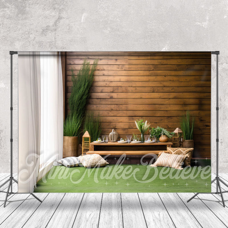 Aperturee - Green Plant Vase Window Wooden Wall Spring Backdrop