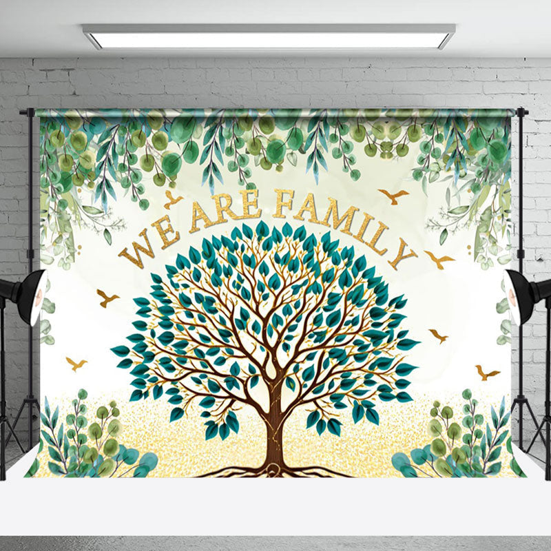 Aperturee - Green Plum Leaves Gold Tree Family Reunion Backdrop