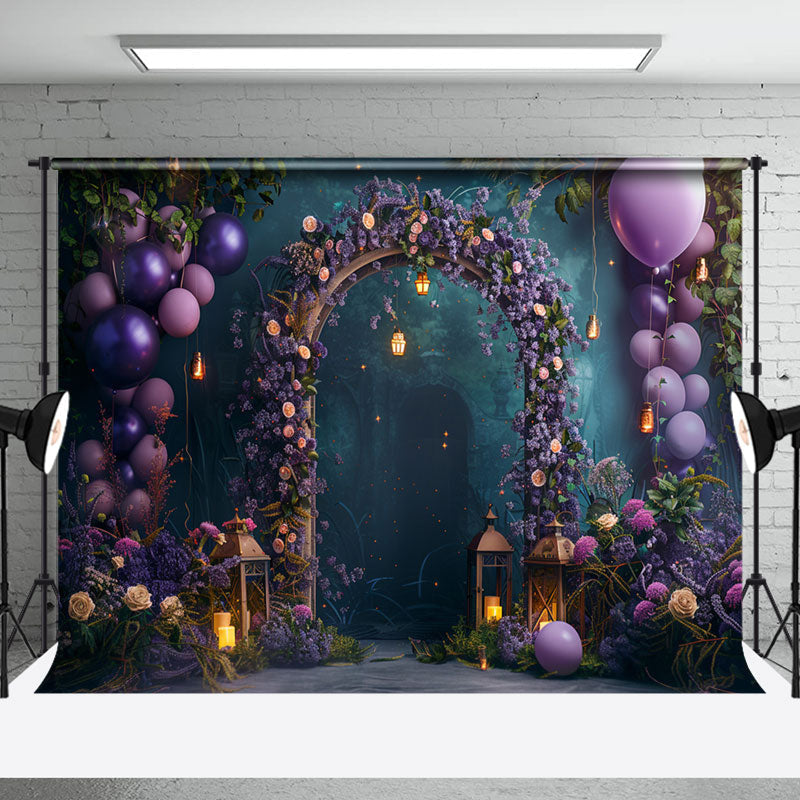 Aperturee - Green Purple Arch Balloons Floral Wedding Backdrop