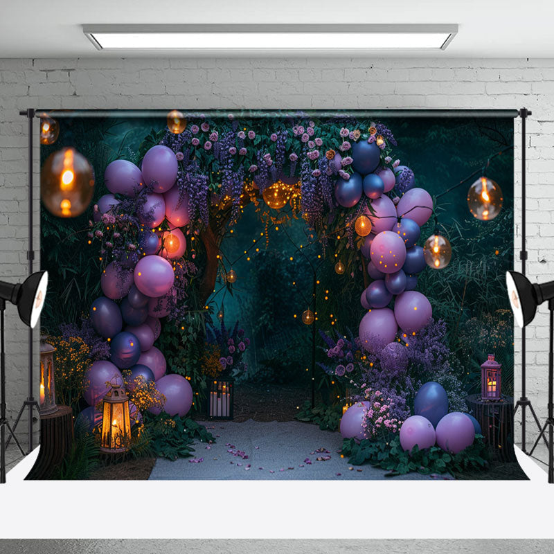 Aperturee - Green Purple Balloons Light Plant Wedding Backdrop