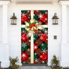 Aperturee - Green Red Plaid Bow Tie Snowy Christmas Door Cover