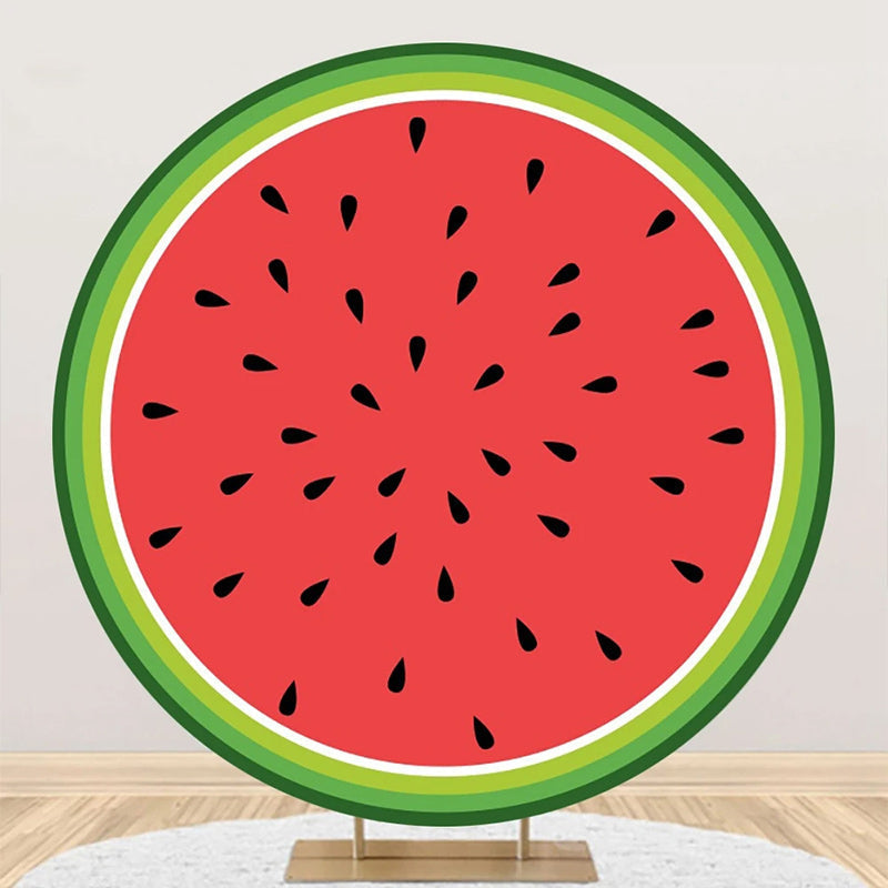 Aperturee - Green Red Watermelon Seeds Round Birthday Backdrop