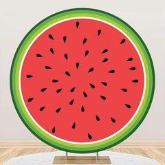 Aperturee - Green Red Watermelon Seeds Round Birthday Backdrop