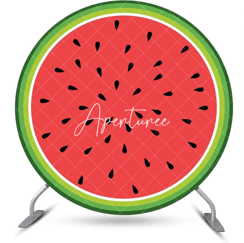 Aperturee - Green Red Watermelon Seeds Round Birthday Backdrop