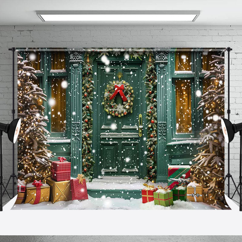 Aperturee - Green Retro Door Tree Gifts Snowy Christmas Backdrop