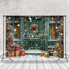 Aperturee - Green Retro Door Tree Gifts Snowy Christmas Backdrop