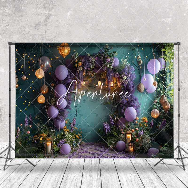 Aperturee - Green Retro Wall Purple Balloons Cake Smash Backdrop