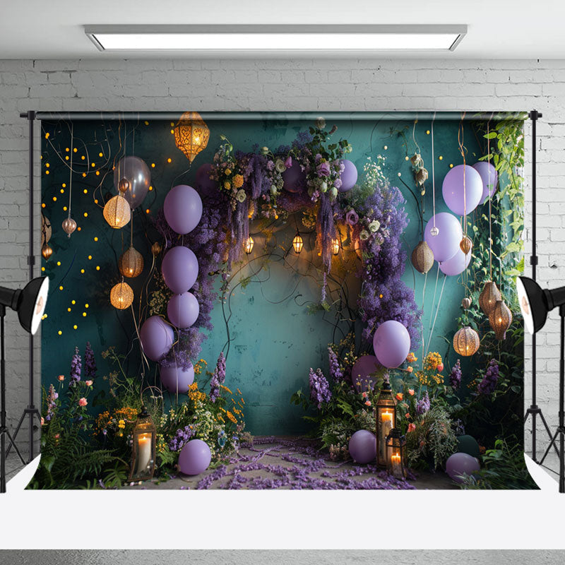 Aperturee - Green Retro Wall Purple Balloons Cake Smash Backdrop