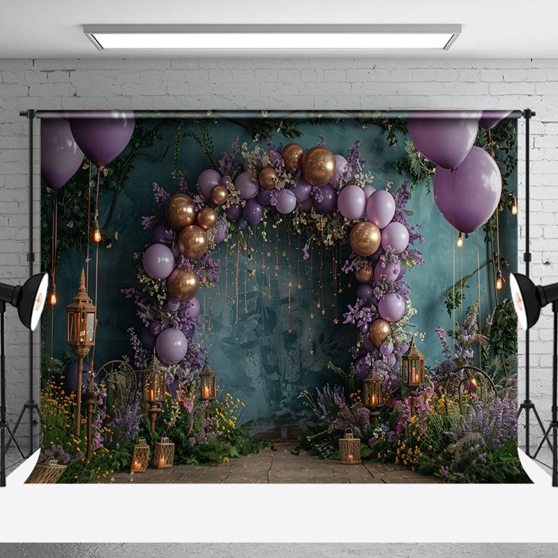 Aperturee - Green Retro Wall Purple Balloons Wedding Backdrop