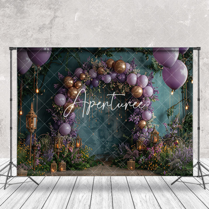 Aperturee - Green Retro Wall Purple Balloons Wedding Backdrop