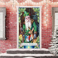 Aperturee - Green Santa Claus Elk Leaves Christmas Door Cover