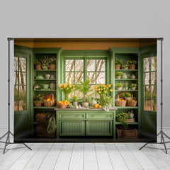 Aperturee - Green Shelf Yellow Egg Floral Window Easter Backdrop