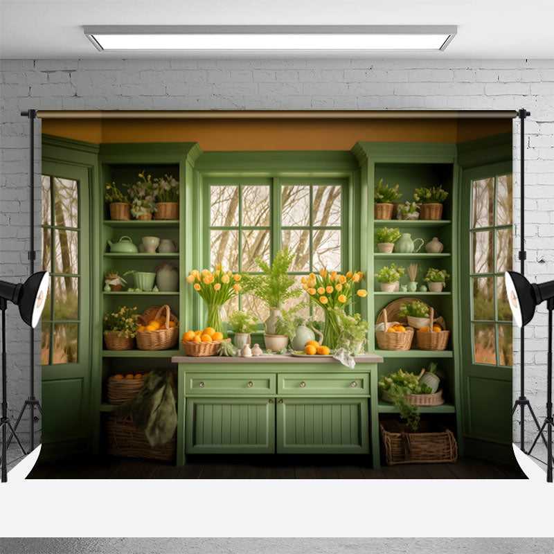 Aperturee - Green Shelf Yellow Egg Floral Window Easter Backdrop