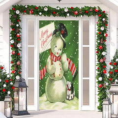 Aperturee - Green Snowman And Dog Snowy Christmas Door Cover