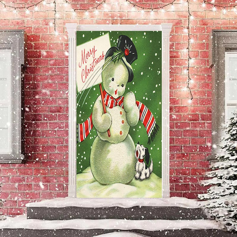 Aperturee - Green Snowman And Dog Snowy Christmas Door Cover