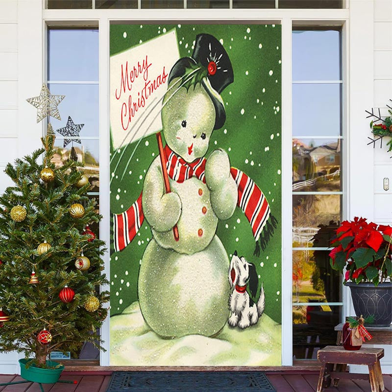 Aperturee - Green Snowman And Dog Snowy Christmas Door Cover