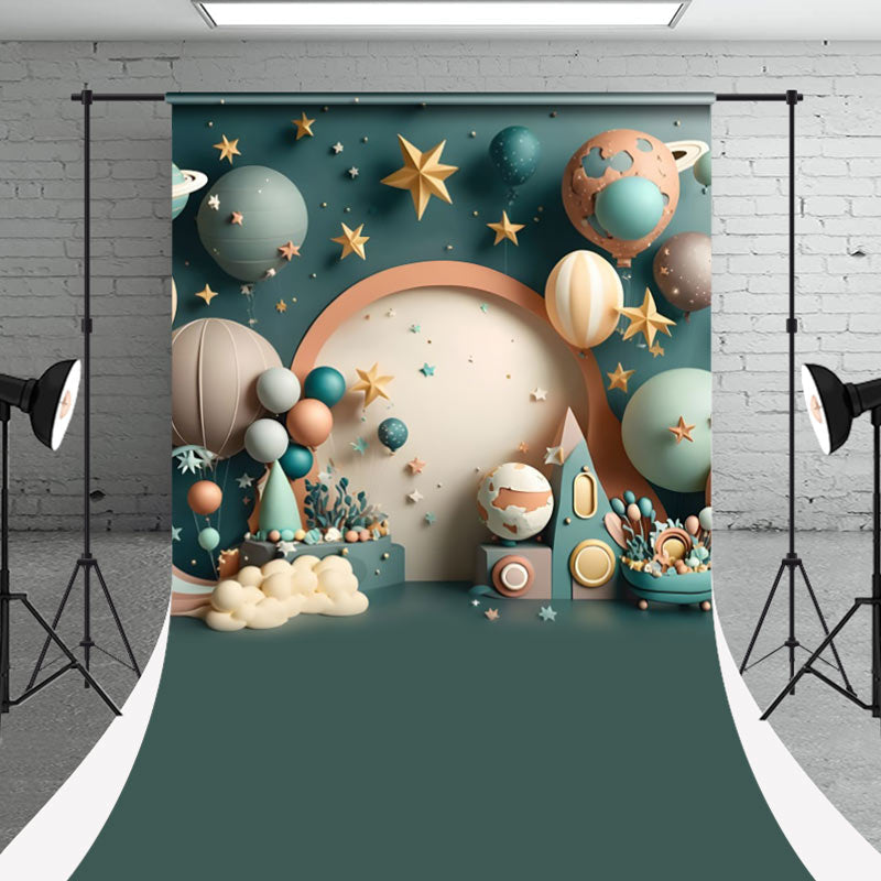 Aperturee - Green Stars Balloons Sweep Galaxy Photo Backdrop