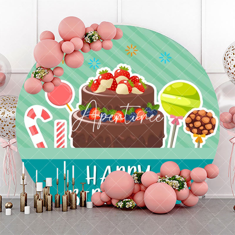 Aperturee - Green Stripe Candyland Cake Round Birthday Backdrop