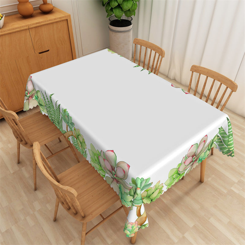 Aperturee - Green Succulent Plants White Rectangle Tablecloth