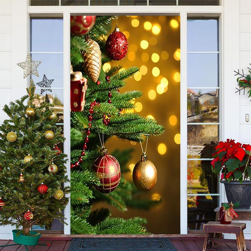 Aperturee - Green Tree Light Gold Bokeh Christmas Door Cover